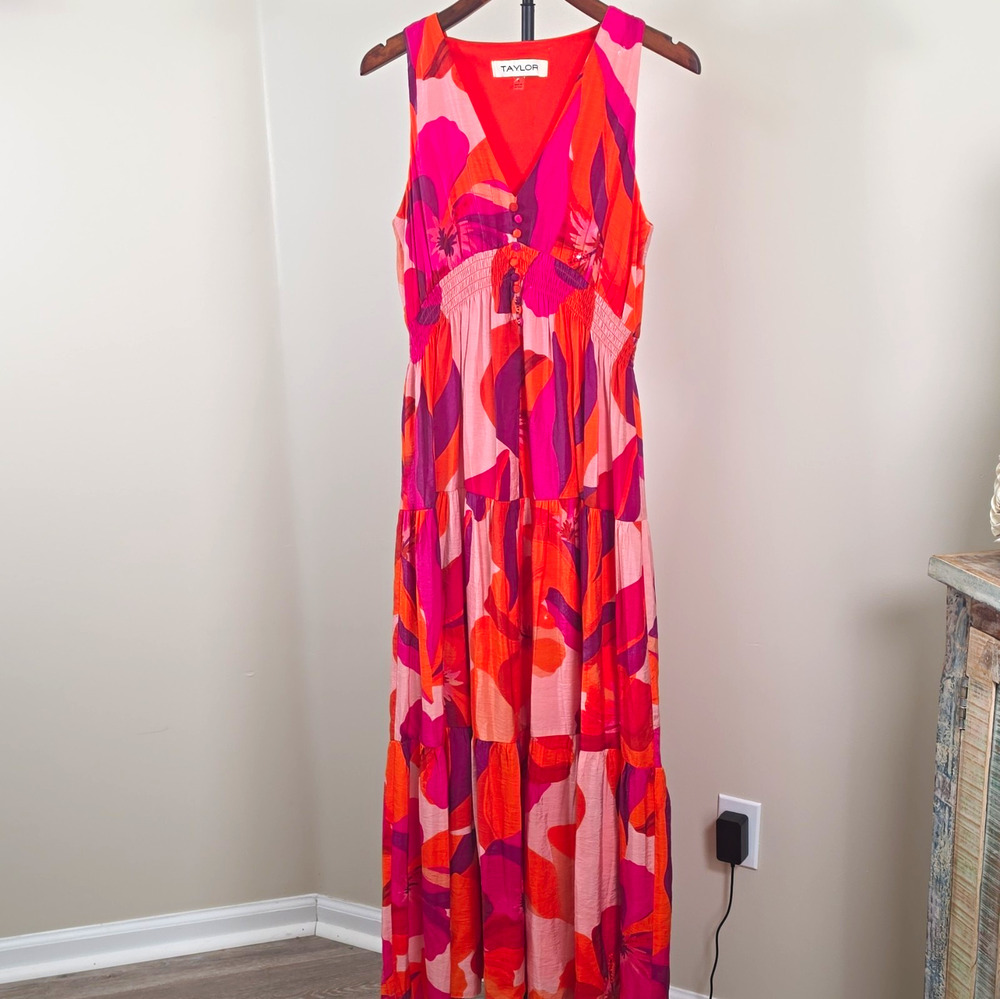 Taylor Orange Pink Purple Abstract Maxi Dress V-Neck Sleeveless Lined 8
